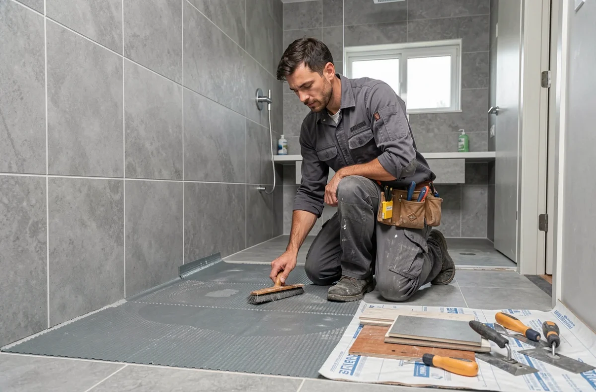 Spécialiste SG Renovation appliquant une membrane d'étanchéité dans une salle de bain en cours de travaux