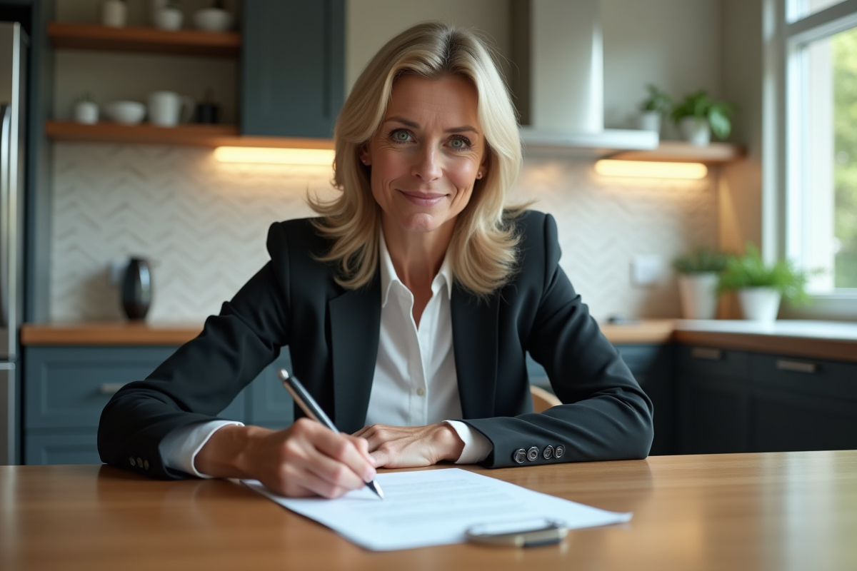 Femme signant des papiers immobiliers dans la cuisine