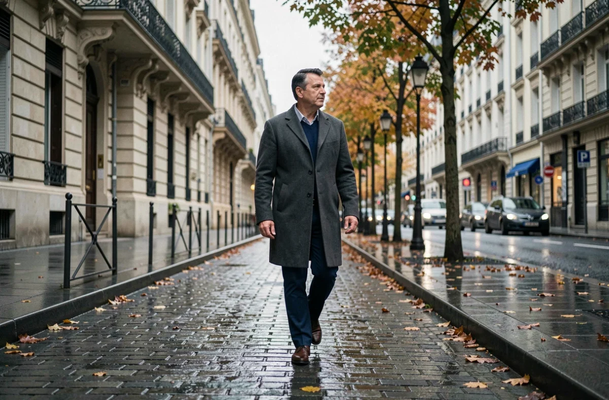 Homme en manteau gris marchant seul sur un trottoir parisien mouillé, silhouette discrète dans un décor urbain évoquant l'intimité et les zones d'ombre