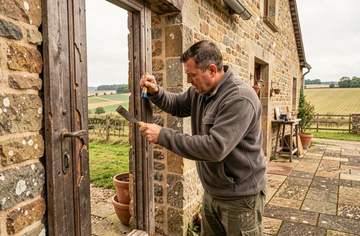 Artisan SOS Bâtiment réparant une porte sur une propriété rurale près de Plesnois