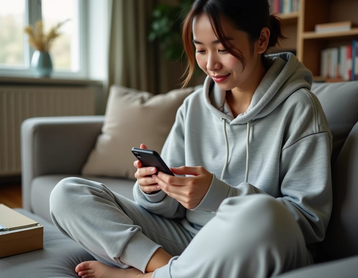 Jeune femme vérifiant le statut de remboursement d'une commande sur son smartphone depuis son canapé