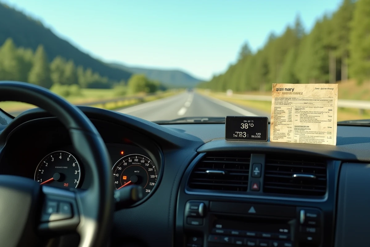 Tableau de bord de voiture de location montrant un compteur de vitesse en miles et kilomètres sur une route de voyage