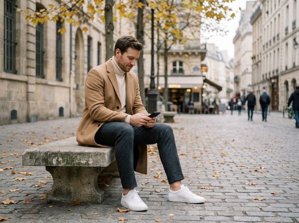 Homme en tenue masculine polyvalente et bien layerée assis en extérieur en automne, illustrant un style intemporel toutes saisons