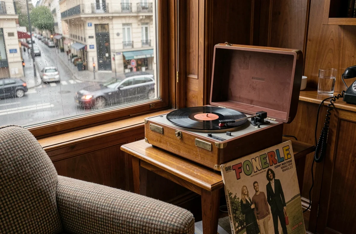 Tourne-disque vintage dans un appartement parisien des années 70, évoquant la nostalgie d'une époque musicale révolue