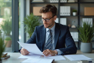 Employe de bureau français en costume dans un espace moderne