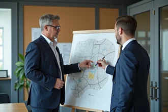 Urbaniste homme pointant un plan de zonage en mairie