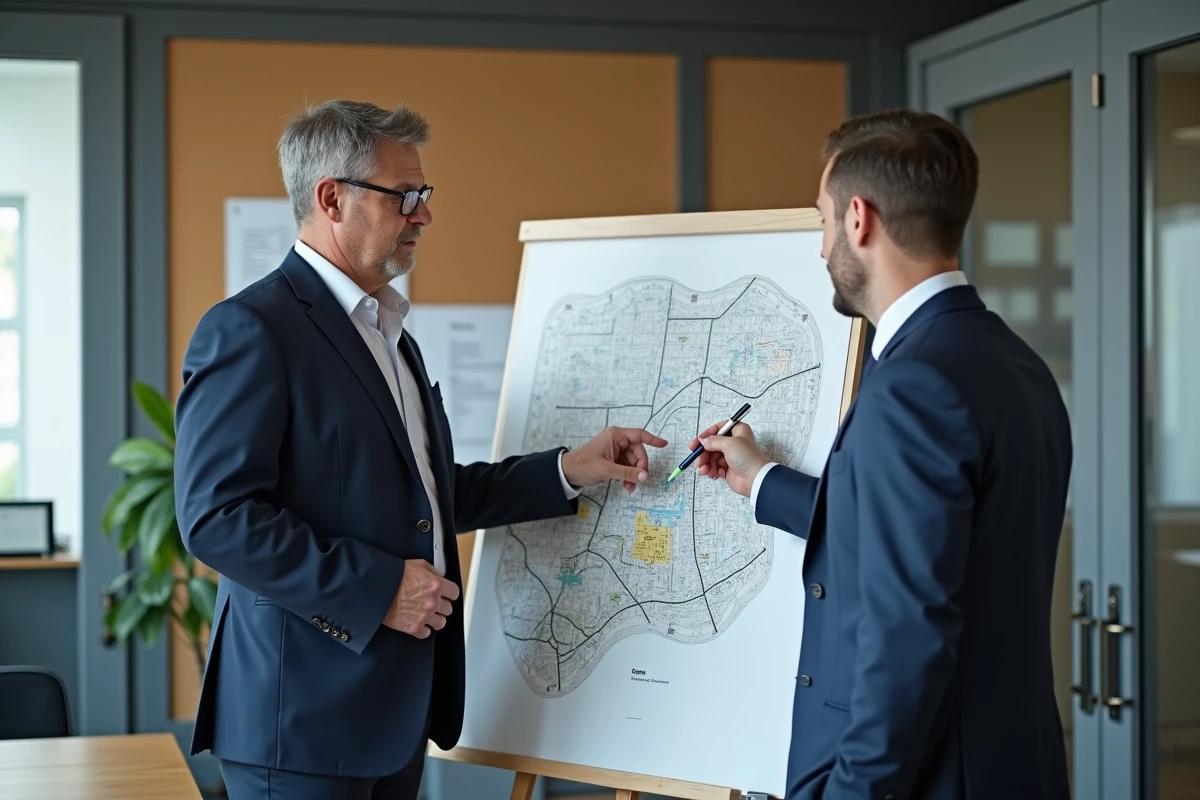 Urbaniste homme pointant un plan de zonage en mairie