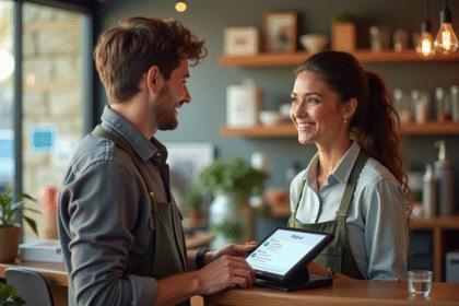 Vendeur et client souriants discutant au terminal de paiement