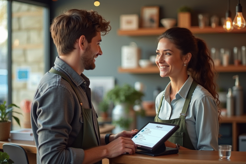 Vendeur et client souriants discutant au terminal de paiement