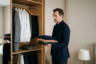 Homme élégant inspectant un vestiaire masculin organisé avec des vêtements neutres et classiques adaptés à toutes les saisons