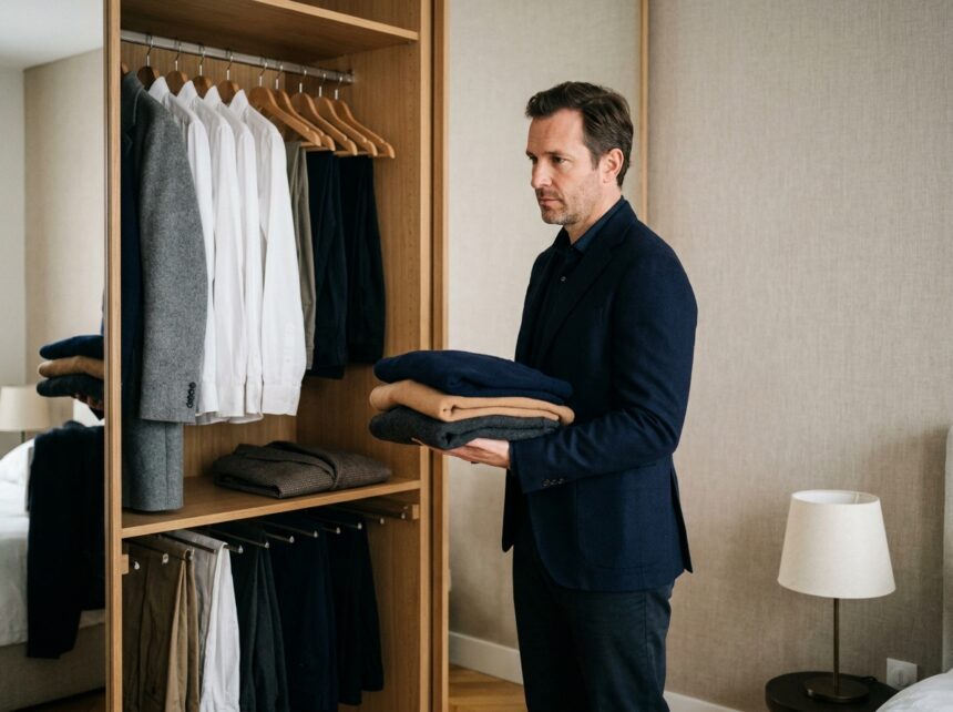 Homme élégant inspectant un vestiaire masculin organisé avec des vêtements neutres et classiques adaptés à toutes les saisons