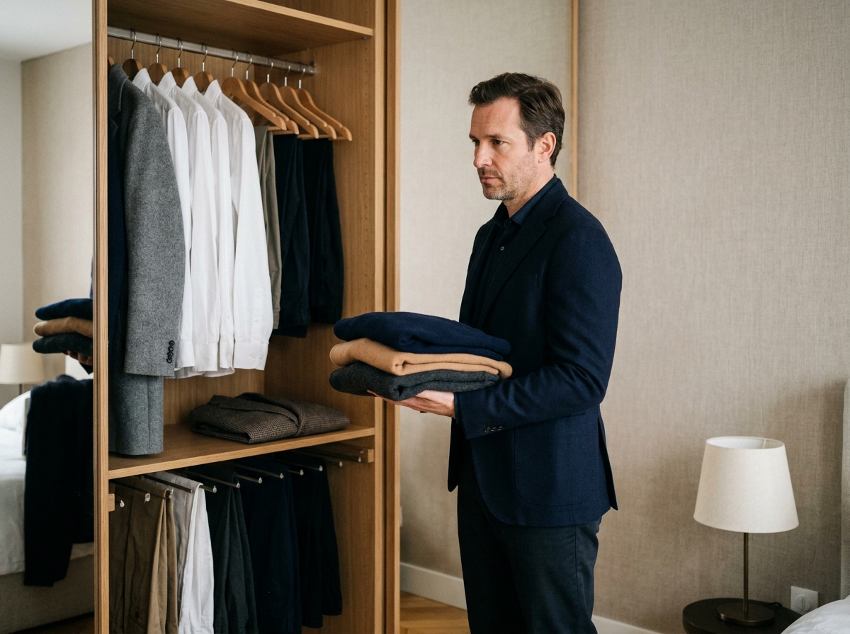 Homme élégant inspectant un vestiaire masculin organisé avec des vêtements neutres et classiques adaptés à toutes les saisons
