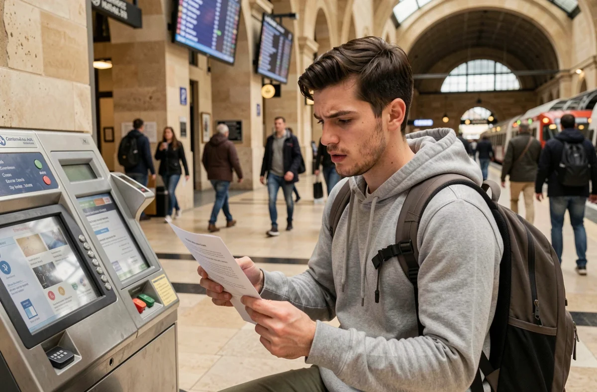 Voyageur lisant un avis d'amende transport en commun dans une gare parisienne