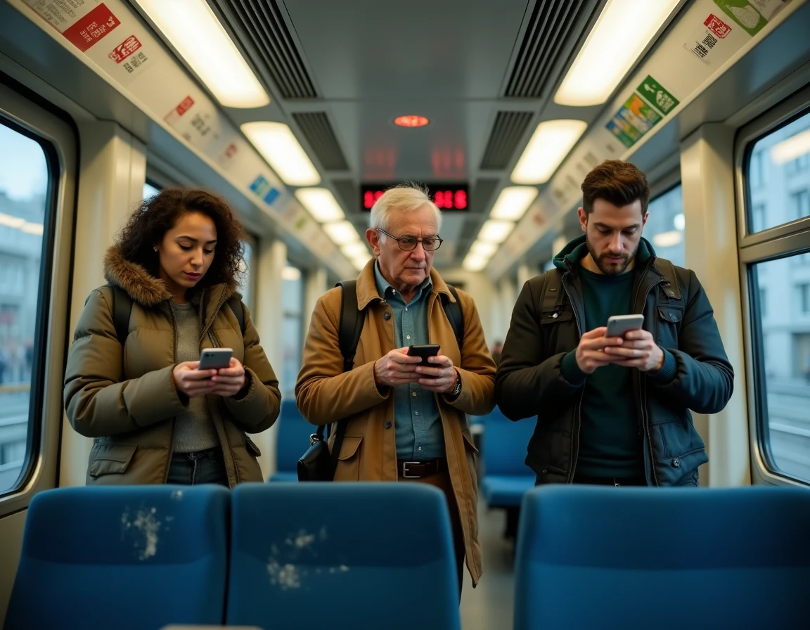 Groupe de voyageurs debout dans une rame de métro parisien bondé consultant leurs téléphones pendant une perturbation de trafic RATP