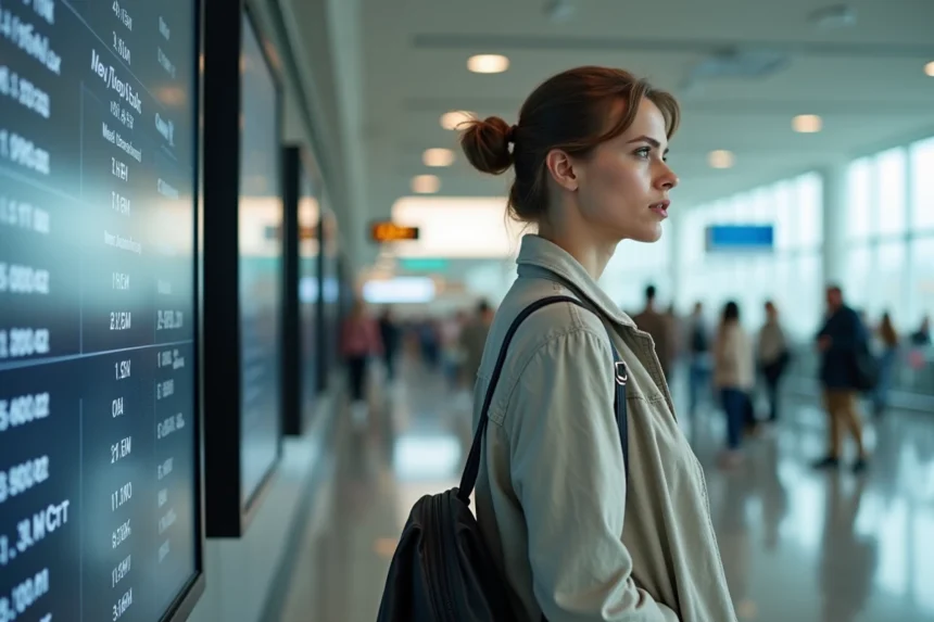 Voyageuse perplexe devant un tableau de distances en miles et kilomètres dans un aéroport international