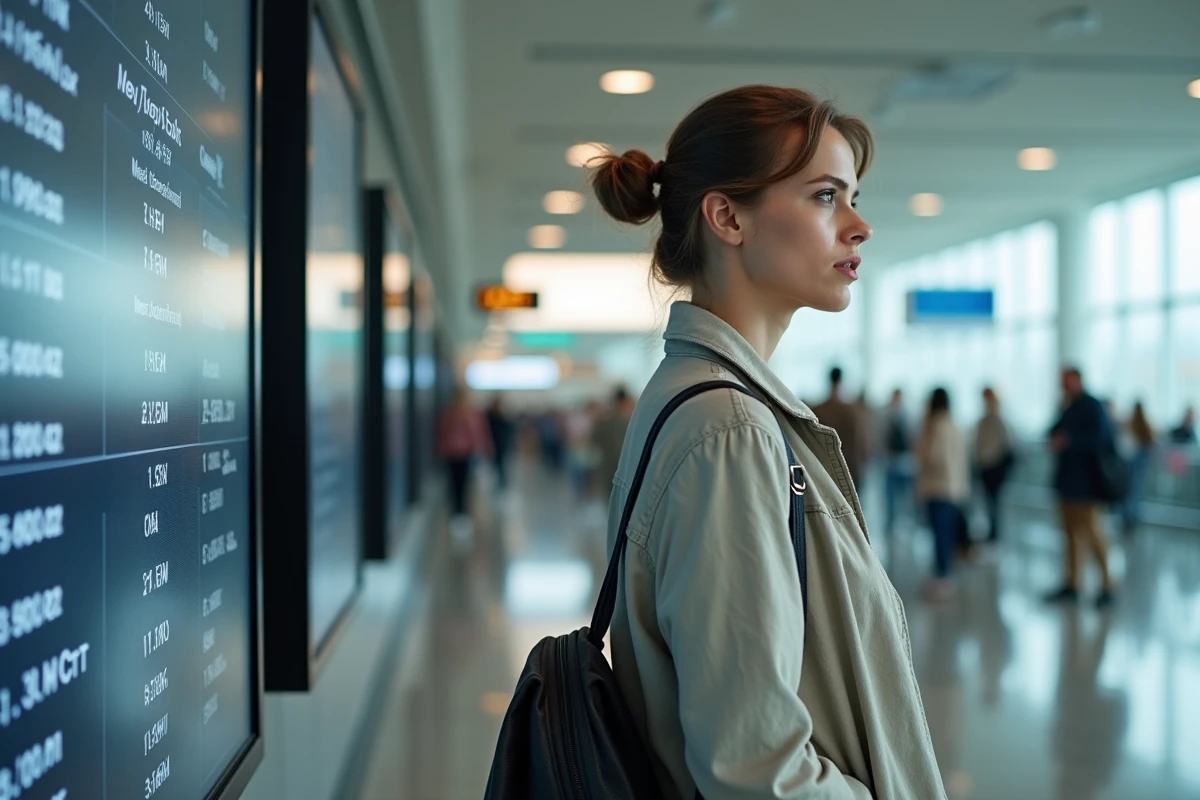 Voyageuse perplexe devant un tableau de distances en miles et kilomètres dans un aéroport international